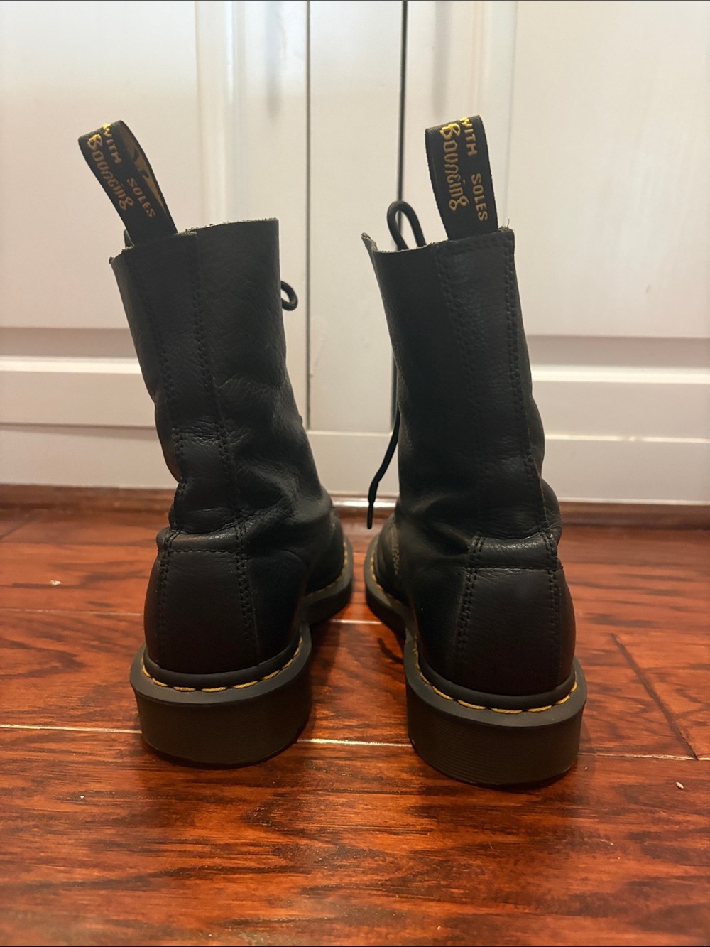 Dr. Martens Black Leather 8-Eye Lace-Up Boots with Yellow Stitching - Picture 3 of 4